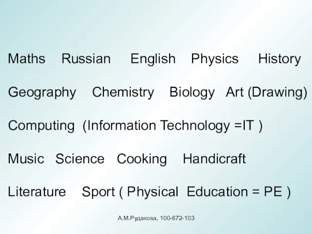 Maths Russian English Physics History Geography Chemistry Biology Art (Drawing) Computing (Information