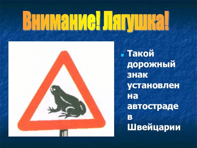 Такой дорожный знак установлен на автостраде в Швейцарии Внимание! Лягушка!