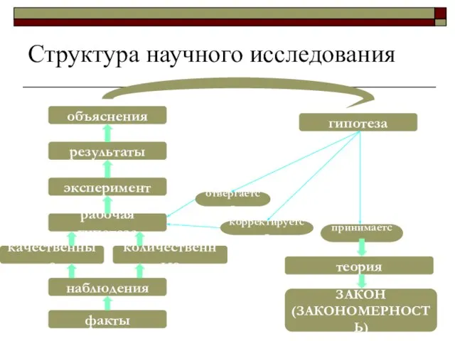 Структура научного исследования гипотеза эксперимент рабочая гипотеза количественные качественные наблюдения факты объяснения