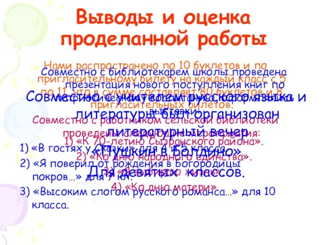 Выводы и оценка проделанной работы Нами распространено по 10 буклетов и по