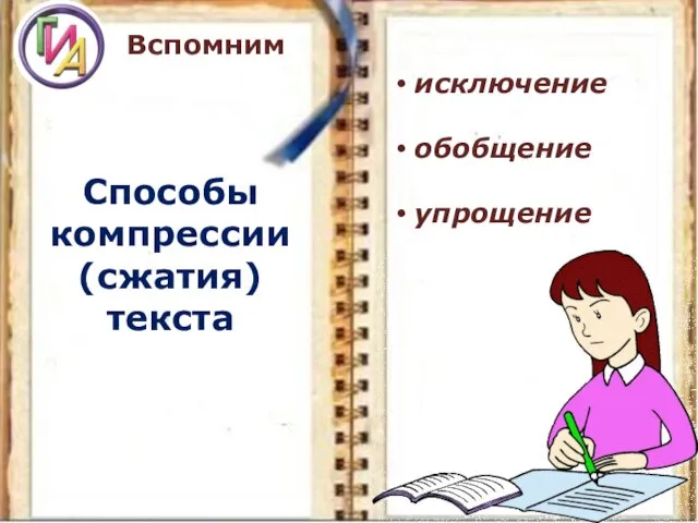 Вспомним Способы компрессии (сжатия) текста исключение обобщение упрощение