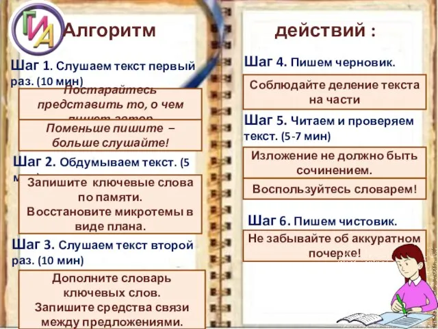 Алгоритм действий : Шаг 1. Слушаем текст первый раз. (10 мин) Постарайтесь