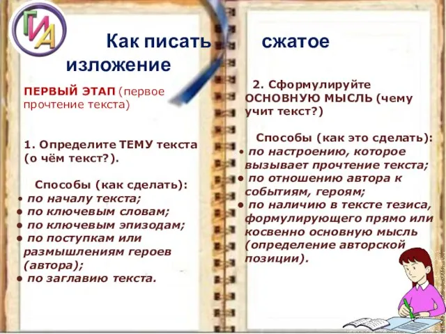 Как писать сжатое изложение ПЕРВЫЙ ЭТАП (первое прочтение текста) 1. Определите ТЕМУ