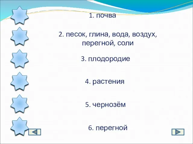 1. почва 2. песок, глина, вода, воздух, перегной, соли 3. плодородие 4.