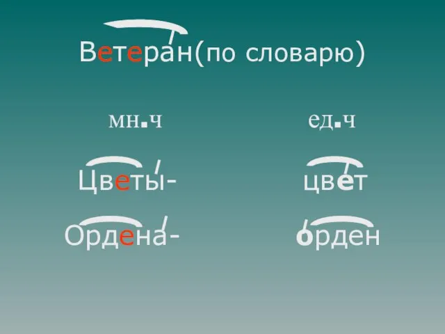 Ветеран(по словарю) мн.ч ед.ч Цветы- цвет Ордена- орден