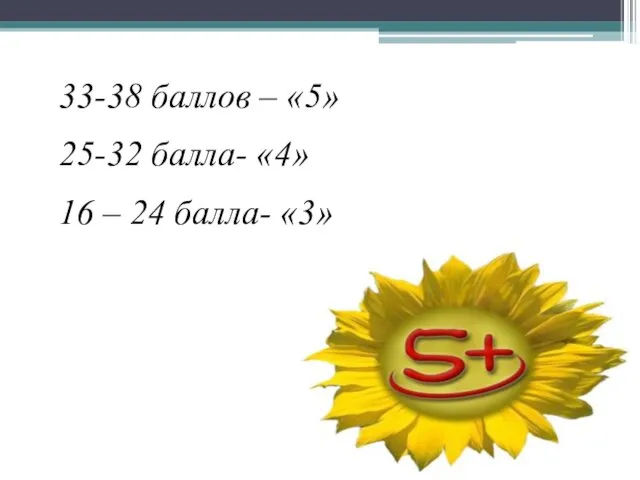 33-38 баллов – «5» 25-32 балла- «4» 16 – 24 балла- «3»