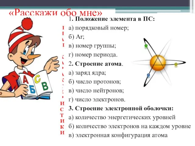 «Расскажи обо мне» 1. Положение элемента в ПС: а) порядковый номер; б)