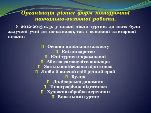 Організація різних форм позаурочної навчально-виховної роботи. У 2012-2013 н. р. у школі