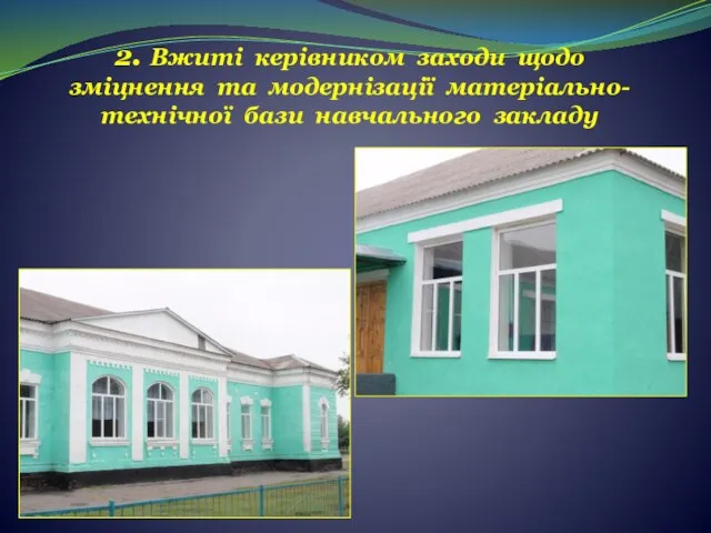 2. Вжиті керівником заходи щодо зміцнення та модернізації матеріально-технічної бази навчального закладу