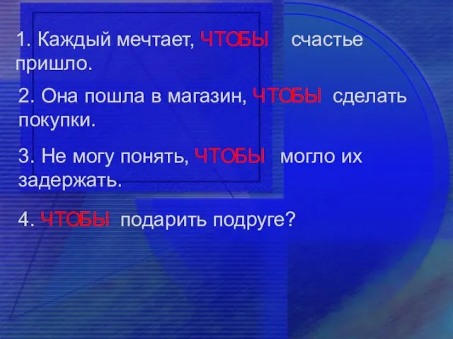 1. Каждый мечтает, ЧТО счастье пришло. БЫ 2. Она пошла в магазин,