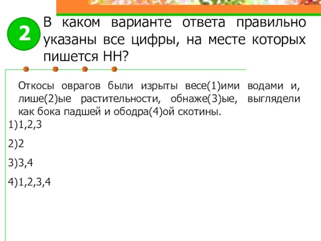 Откосы оврагов были изрыты весе(1)ими водами и, лише(2)ые растительности, обнаже(3)ые, выглядели как