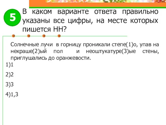 Солнечные лучи в горницу проникали степе(1)о, упав на некраше(2)ый пол и неоштукатуре(3)ые