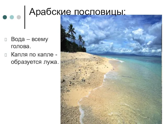 Арабские пословицы: Вода – всему голова. Капля по капле - образуется лужа.