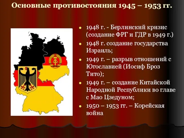 Основные противостояния 1945 – 1953 гг. 1948 г. - Берлинский кризис (создание