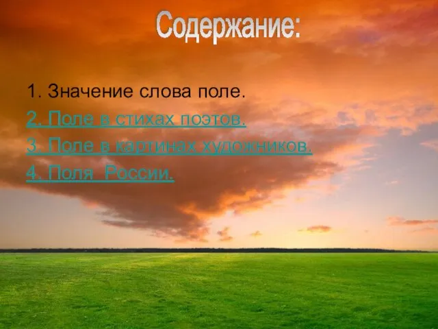 1. Значение слова поле. 2. Поле в стихах поэтов. 3. Поле в