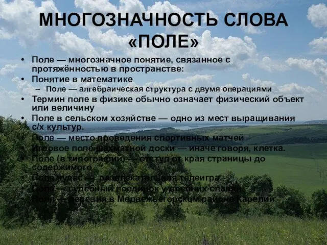 МНОГОЗНАЧНОСТЬ СЛОВА «ПОЛЕ» Поле — многозначное понятие, связанное с протяжённостью в пространстве: