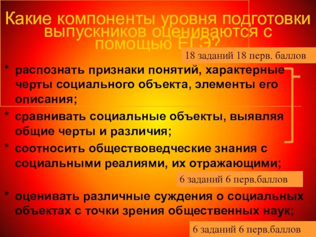 Какие компоненты уровня подготовки выпускников оцениваются с помощью ЕГЭ? распознать признаки понятий,