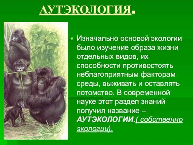 АУТЭКОЛОГИЯ. Изначально основой экологии было изучение образа жизни отдельных видов, их способности