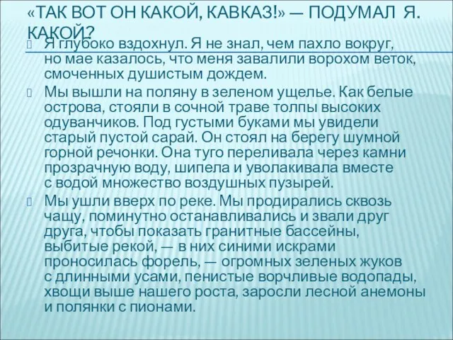 «ТАК ВОТ ОН КАКОЙ, КАВКАЗ!» — ПОДУМАЛ Я. КАКОЙ? Я глубоко вздохнул.