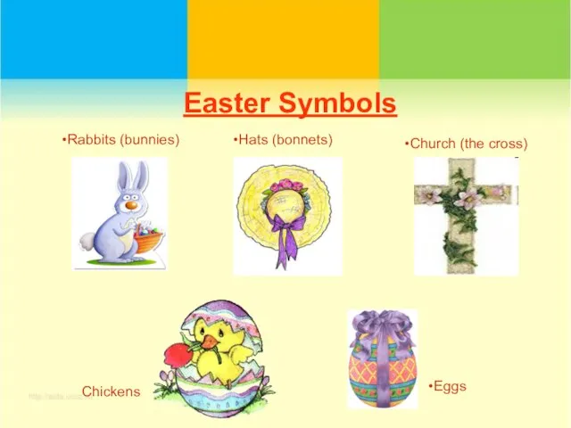 Easter Symbols Eggs Hats (bonnets) Church (the cross) Rabbits (bunnies) Chickens