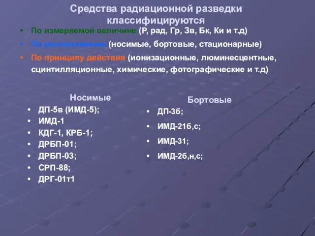 Средства радиационной разведки классифицируются По измеряемой величине (Р, рад, Гр, Зв, Бк,