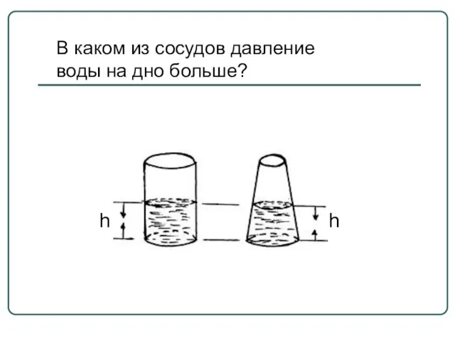 В каком из сосудов давление воды на дно больше? h h