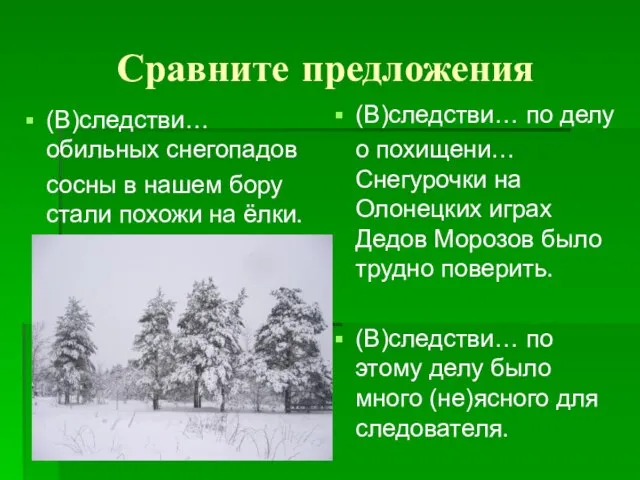 Сравните предложения (В)следстви… обильных снегопадов сосны в нашем бору стали похожи на