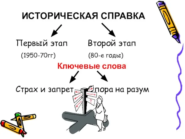 ИСТОРИЧЕСКАЯ СПРАВКА Первый этап Второй этап (1950-70гг) (80-е годы) Ключевые слова Страх