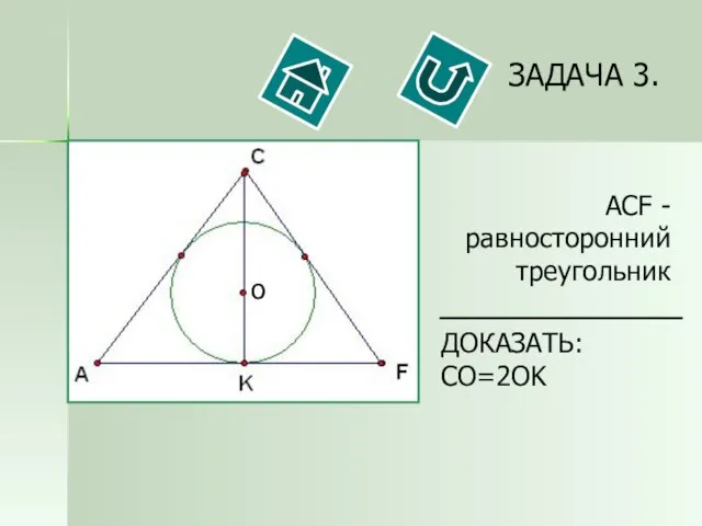 ЗАДАЧА 3. ДОКАЗАТЬ: CO=2OK ACF - равносторонний треугольник о