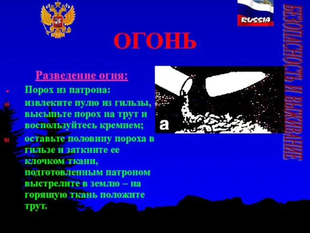 ОГОНЬ Разведение огня: Порох из патрона: извлеките пулю из гильзы, высыпьте порох