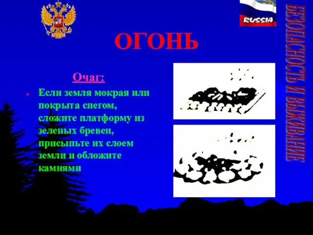 ОГОНЬ Очаг: Если земля мокрая или покрыта снегом, сложите платформу из зеленых