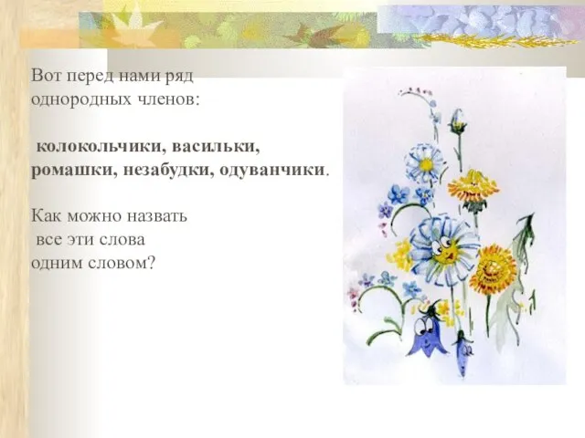 Вот перед нами ряд однородных членов: колокольчики, васильки, ромашки, незабудки, одуванчики. Как