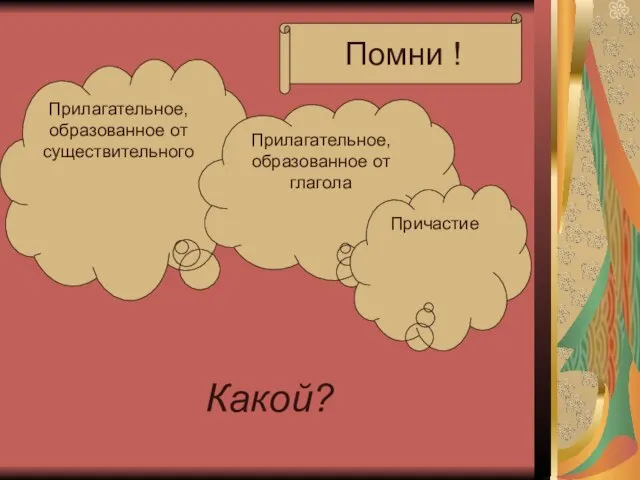 Какой? Прилагательное, образованное от существительного Прилагательное, образованное от глагола Причастие Помни !