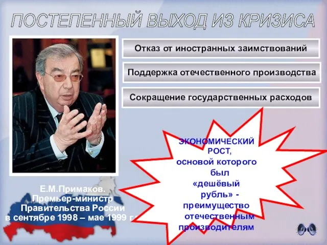 Е.М.Примаков. Премьер-министр Правительства России в сентябре 1998 – мае 1999 г.г. ПОСТЕПЕННЫЙ