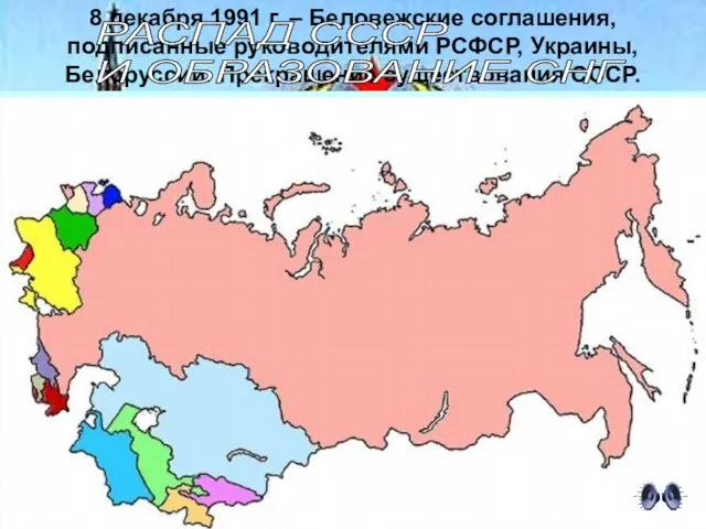 8 декабря 1991 г. – Беловежские соглашения, подписанные руководителями РСФСР, Украины, Белоруссии.