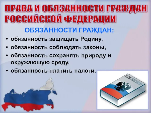 ОБЯЗАННОСТИ ГРАЖДАН: обязанность защищать Родину, обязанность соблюдать законы, обязанность сохранять природу и