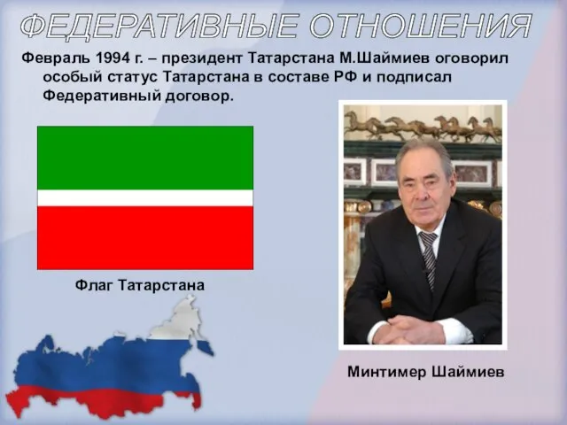 Февраль 1994 г. – президент Татарстана М.Шаймиев оговорил особый статус Татарстана в