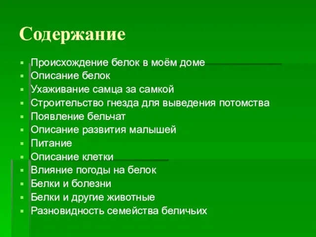 Содержание Происхождение белок в моём доме Описание белок Ухаживание самца за самкой