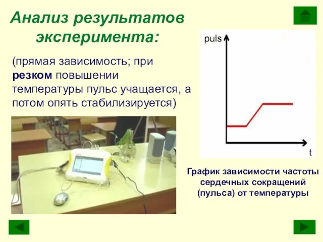 (прямая зависимость; при резком повышении температуры пульс учащается, а потом опять стабилизируется)