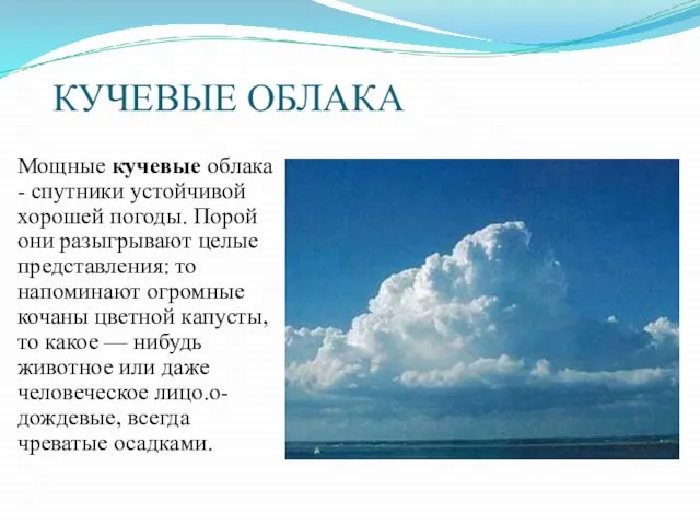 КУЧЕВЫЕ ОБЛАКА Мощные кучевые облака - спутники устойчивой хорошей погоды. Порой они