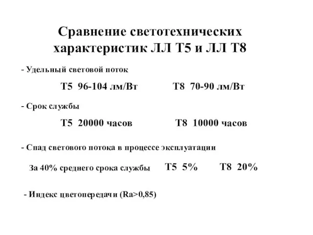 Сравнение светотехнических характеристик ЛЛ Т5 и ЛЛ Т8 - Удельный световой поток