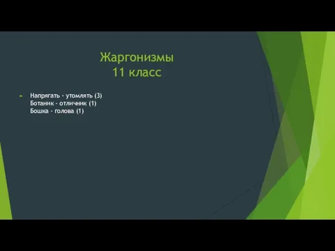 Жаргонизмы 11 класс Напрягать - утомлять (3) Ботаник - отличник (1) Бошка - голова (1)