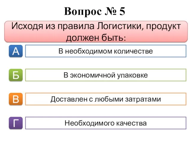 Вопрос № 5 А Б В Г Исходя из правила Логистики, продукт