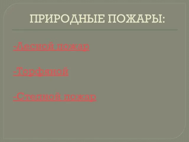 ПРИРОДНЫЕ ПОЖАРЫ: -Лесной пожар -Торфяной -Степной пожар