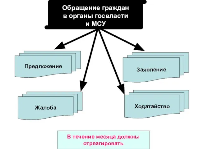 Обращение граждан в органы госвласти и МСУ Предложение Заявление Жалоба Ходатайство В течение месяца должны отреагировать