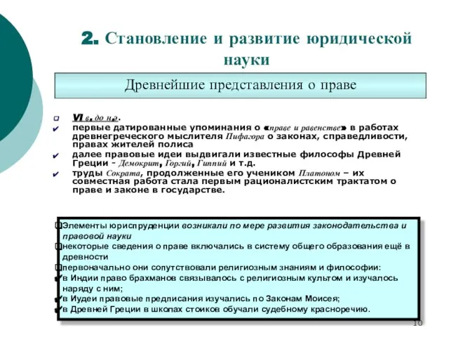 2. Становление и развитие юридической науки Древнейшие представления о праве VI в.