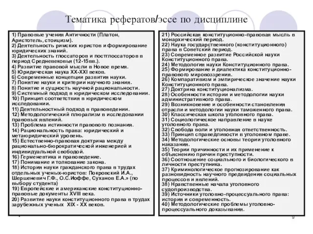 * Тематика рефератов/эссе по дисциплине 1) Правовые учения Античности (Платон, Аристотель, стоицизм).