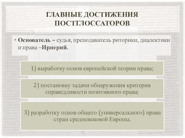 Главные достижения постглоссаторов Основатель – судья, преподаватель риторики, диалектики и права –Ирнерий.