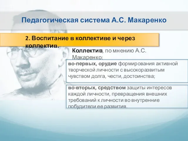 Педагогическая система А.С. Макаренко 2. Воспитание в коллективе и через коллектив. Коллектив,