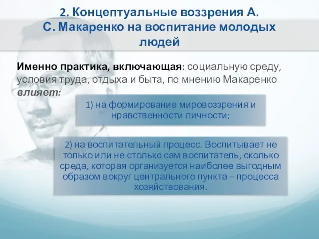 2. Концептуальные воззрения А.С. Макаренко на воспитание молодых людей Именно практика, включающая: